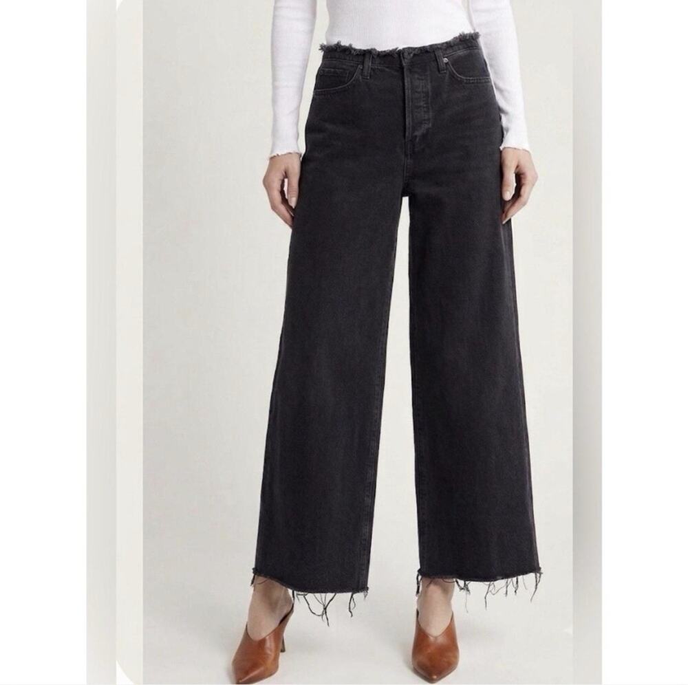 Frame Black Denim Jeans Le Low Baggy Wide Leg Size 27 Distressed Raw Hem Waist